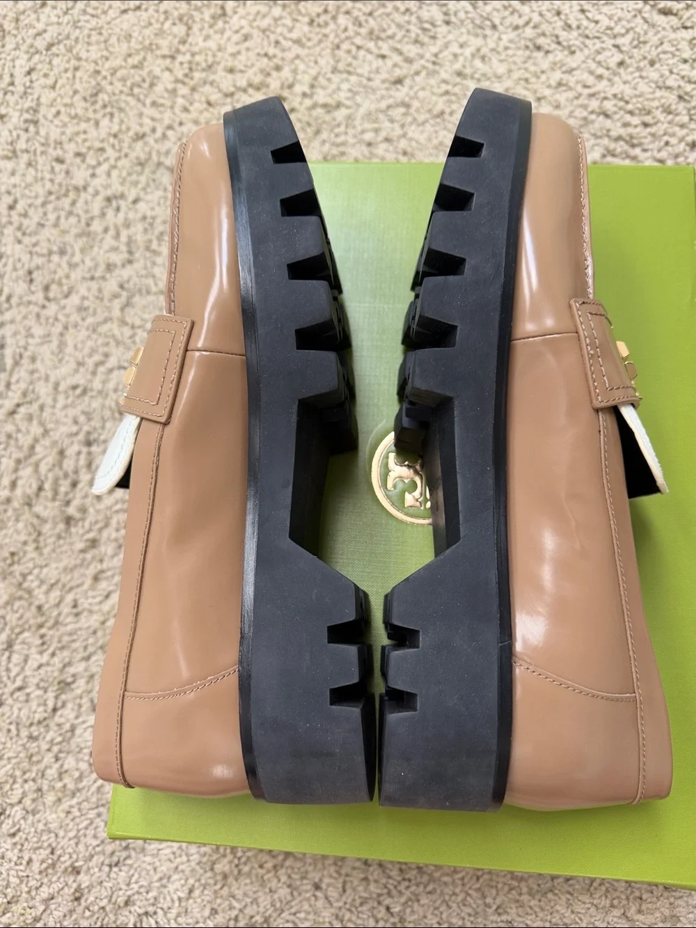 Tory Burch White and Brown Leather Lug Sole Loafers with Gold Logo